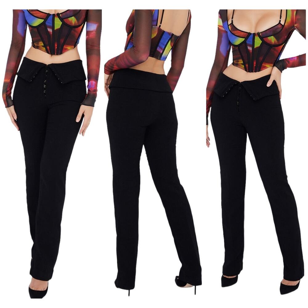 House of CB London NWT Ava Black Front Fold Trouser Pant Size S Stretch Crepe